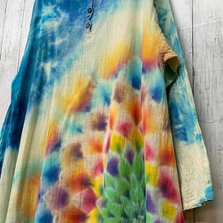 タイダイ染め 長袖ワンピース Hippies Dye 艶やかな水面カラーに幻想的な大曼荼羅 ヘンリーネック 13-33 5枚目の画像