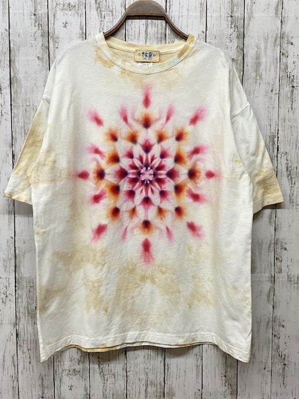 タイダイ染め　ビッグシルエット Tシャツ　Lサイズ　曼荼羅　ムラ染めベージュ Hippies Dye HD13-75 1枚目の画像