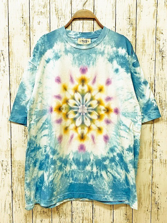 タイダイ染め　ビッグシルエット Tシャツ　Lサイズ　曼荼羅　ムラ染め ブルー Hippies Dye HD14-13 1枚目の画像