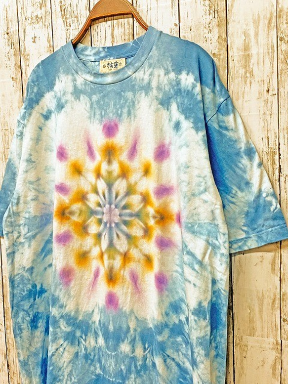 タイダイ染め　ビッグシルエット Tシャツ　Lサイズ　曼荼羅　ムラ染め ブルー Hippies Dye HD14-13 2枚目の画像