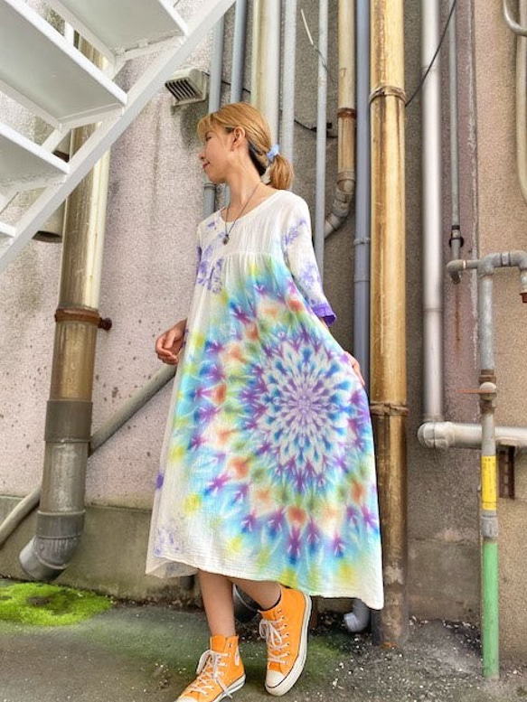 タイダイ染め ロングワンピース Hippies Dye最新作 パープルブルーの  