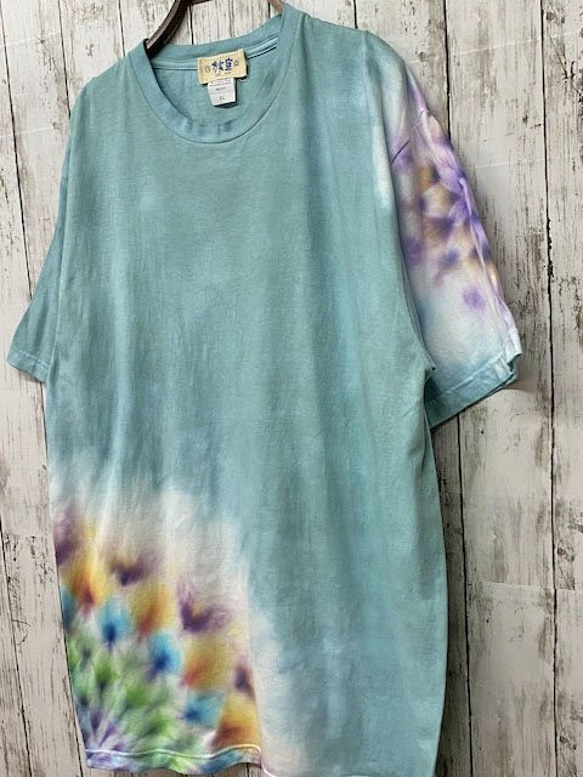 タイダイ染め　 Tシャツ　XLサイズ　曼荼羅　ライトブルー　水浅葱色　Hippies Dye HD14-47 2枚目の画像