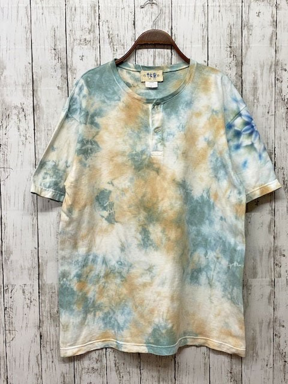 タイダイ染め ヘンリーネックTシャツ　Lサイズ　曼荼羅　ブルー×ベージュ　Hippies Dye HD14-57 1枚目の画像