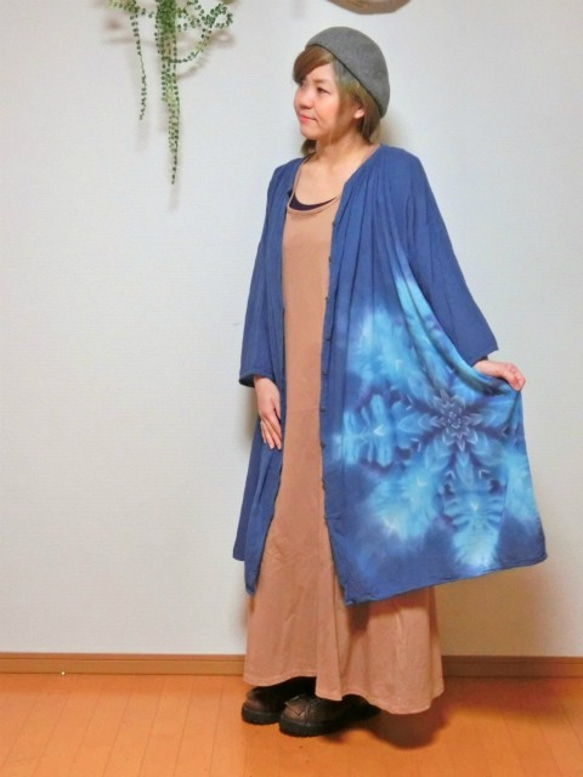 領帶染料紮染曼荼羅靛藍的新的寬鬆的長袖連衣裙♪寶石美麗的雪花☆HD11-18 第1張的照片