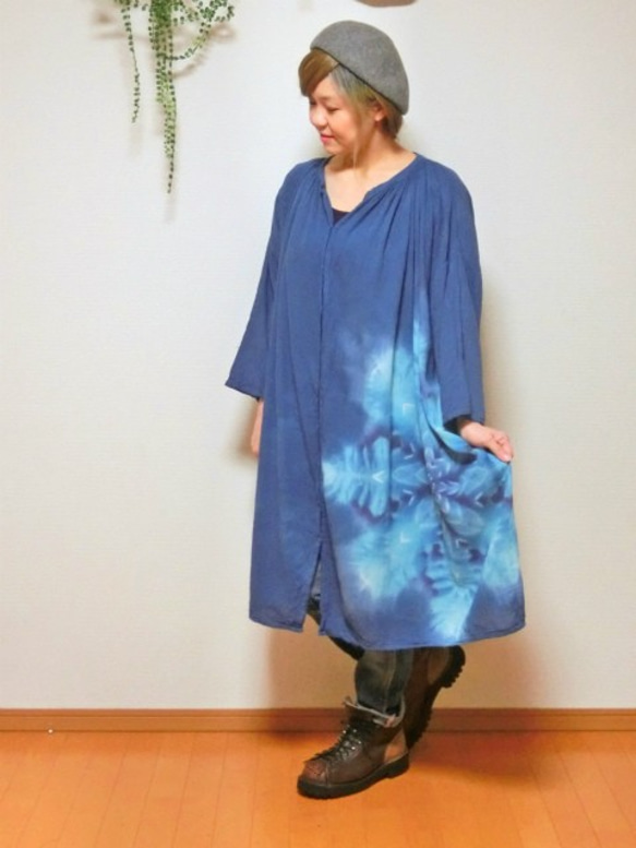領帶染料紮染曼荼羅靛藍的新的寬鬆的長袖連衣裙♪寶石美麗的雪花☆HD11-18 第10張的照片