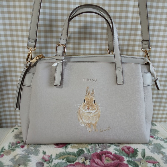R-408 手描き うさぎのツーウェイバッグです ショルダーバッグ