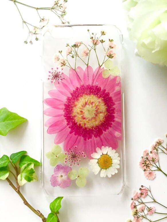 【iPhone6plus/6s plus専用】春待ちガーベラの押し花スマホケースver.2 2枚目の画像