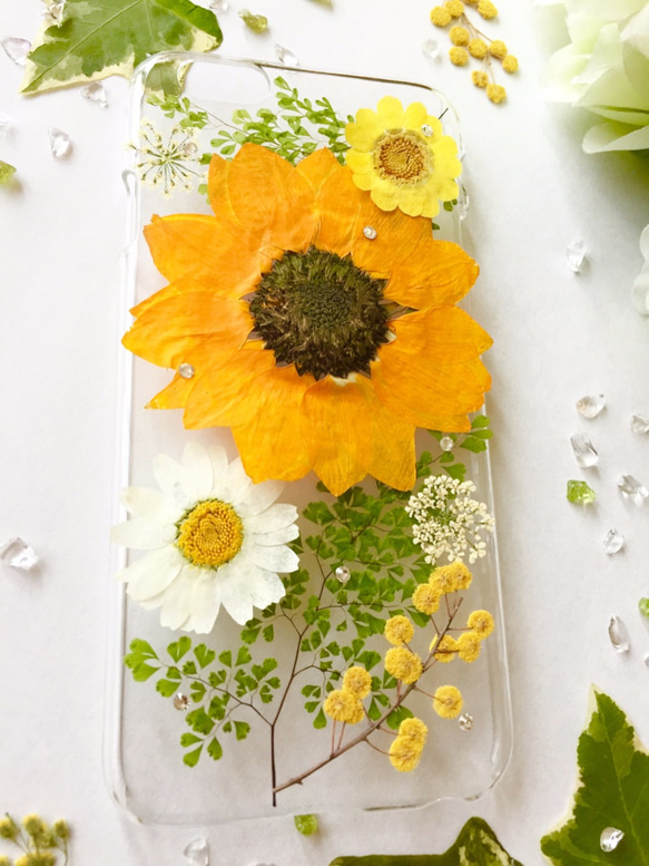 【全機種対応】おひさま向日葵の押し花スマホケース 3枚目の画像