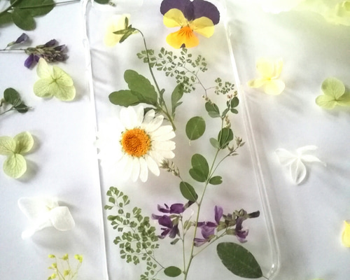 押し花作品 全機種対応】大人のボタニカル＊萩とビオラの押し花スマホケース