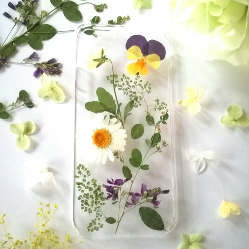 全機種対応】大人のボタニカル＊萩とビオラの押し花スマホケース