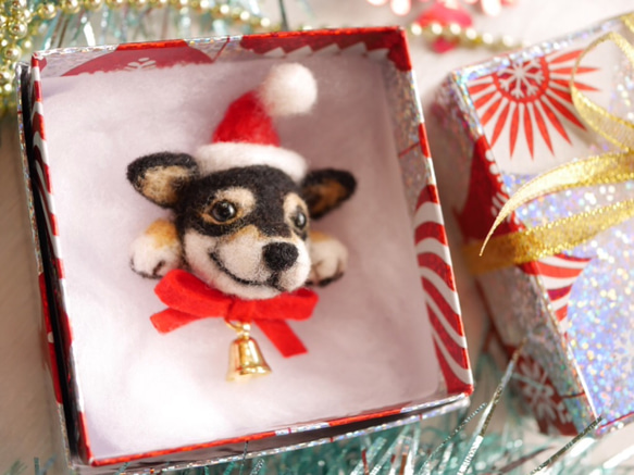 クリスマスのワンコサンタブローチ 【黒柴犬】 2枚目の画像