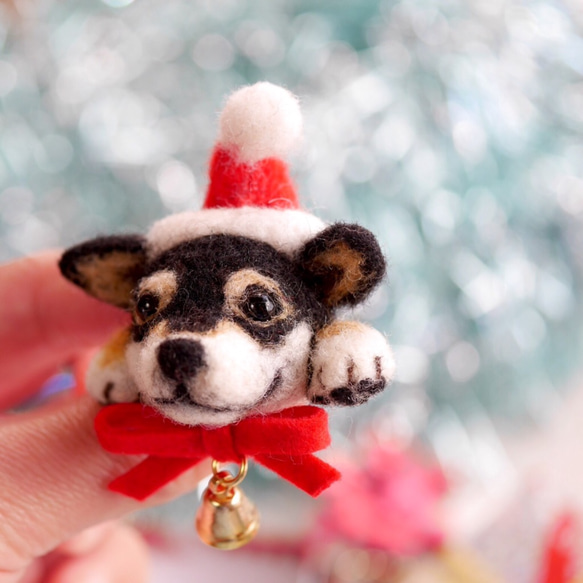 クリスマスのワンコサンタブローチ 【黒柴犬】 3枚目の画像