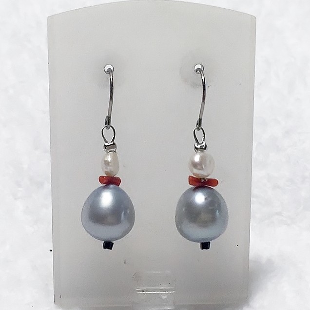 南洋バロックパール、細枝珊瑚、淡水パールピアスNo.10