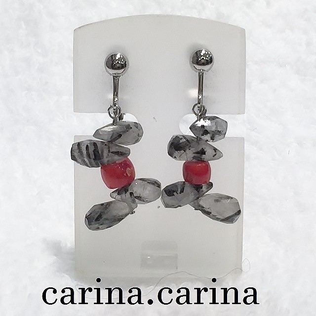 雫ルチルクオーツ・珊瑚イヤリングNO.18