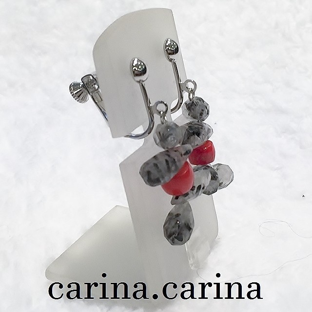 雫ルチルクオーツ・珊瑚イヤリングNO.18