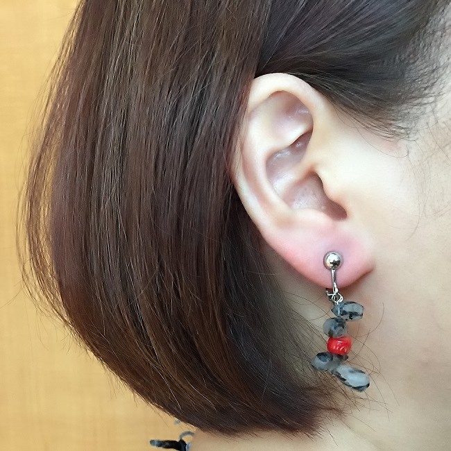 雫ルチルクオーツ・珊瑚イヤリングNO.18