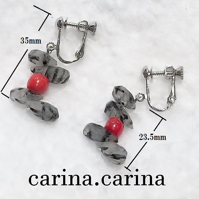 雫ルチルクオーツ・珊瑚イヤリングNO.18