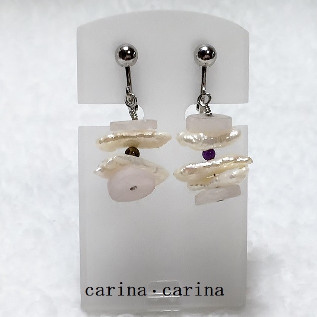 円盤形ローズクォーツ・淡水パール細長・アメシストNo43