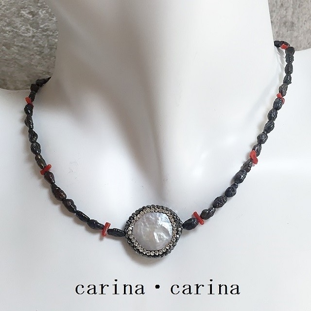 淡水パール・サンゴ・クリスタルガラスネックレスNo8