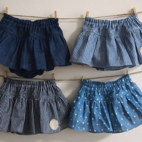 再販】デニム風Wガーゼのスカート付きブルマ 60cm〜90cm 子供服 