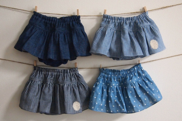 【再販】デニム風Wガーゼのスカート付きブルマ  60cm〜90cm 1枚目の画像
