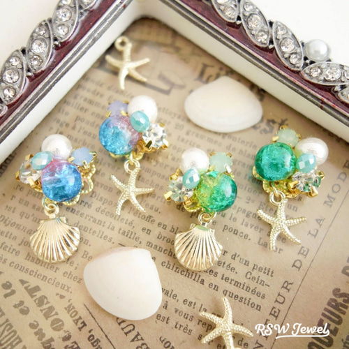 夏先取り♡ヒトデと貝殻とコットンパールのビジューピアス/イヤリング 