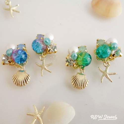 夏先取り♡ヒトデと貝殻とコットンパールのビジューピアス/イヤリング 