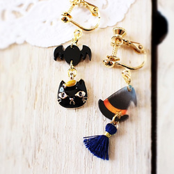 イヤリング　猫とコウモリ（黒猫×オレンジ） min-258a 1枚目の画像