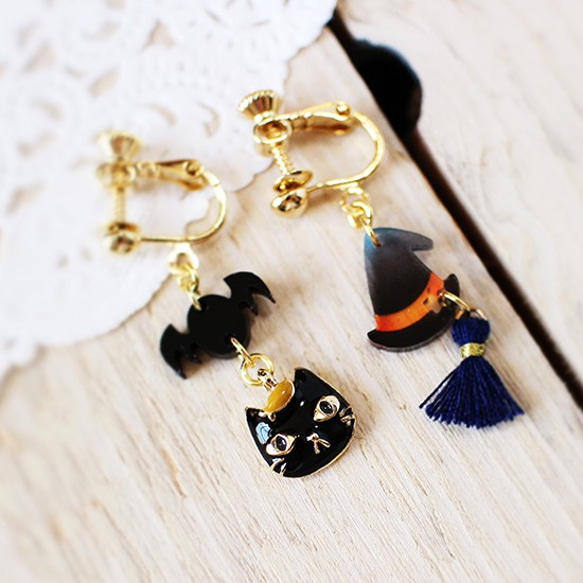 イヤリング　猫とコウモリ（黒猫×オレンジ） min-258a 2枚目の画像