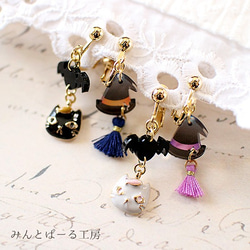 イヤリング　猫とコウモリ（黒猫×オレンジ） min-258a 3枚目の画像