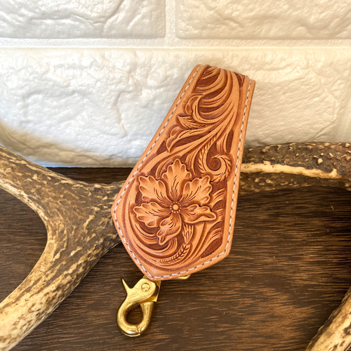 レザーカービング ベルトループキーホルダー　サンフェイス/緑オレンジ レザーカービング ベルトループキーホルダー サンフェイス/緑