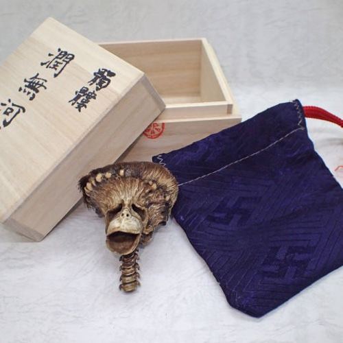 在銘 髑髏作家服部【潤無河童】鹿角製髑髏彫刻 巾着+共箱 野晒