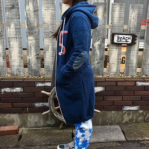 セレクト加工】ワッペン肘パッチロングパーカー（ネイビー） パーカー