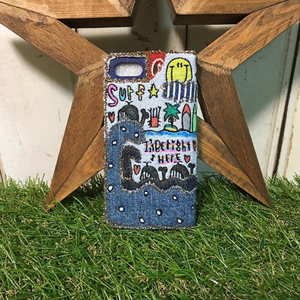 【受注生産】クジラの冒険刺繍オールデニムVerスマホケース（iPhone6/6s,7/8/SE2,12mini用） 2枚目の画像