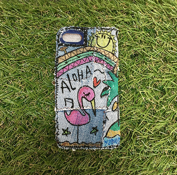 牛仔布夏威夷刺繡智能手機套（適用於iPhone 6 / 6s，7/8，X，XS） 第2張的照片