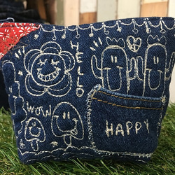 キノコ＆サボテン刺繍デニムマチ付きポーチ 3枚目の画像