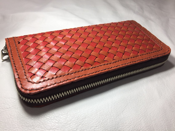 本革 オレンジレッド&ブラウン 編み込みレザーウォレット 長財布 長  