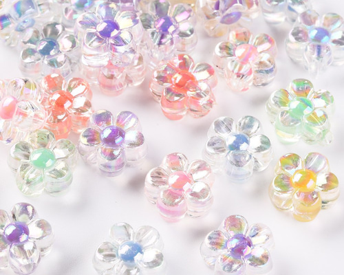 約12mm 30個】5枚花びらのオーロラお花ビーズ 花芯パステル