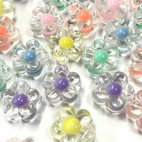 約12mm 30個】5枚花びらのクリアお花ビーズ 花芯パステルカラー