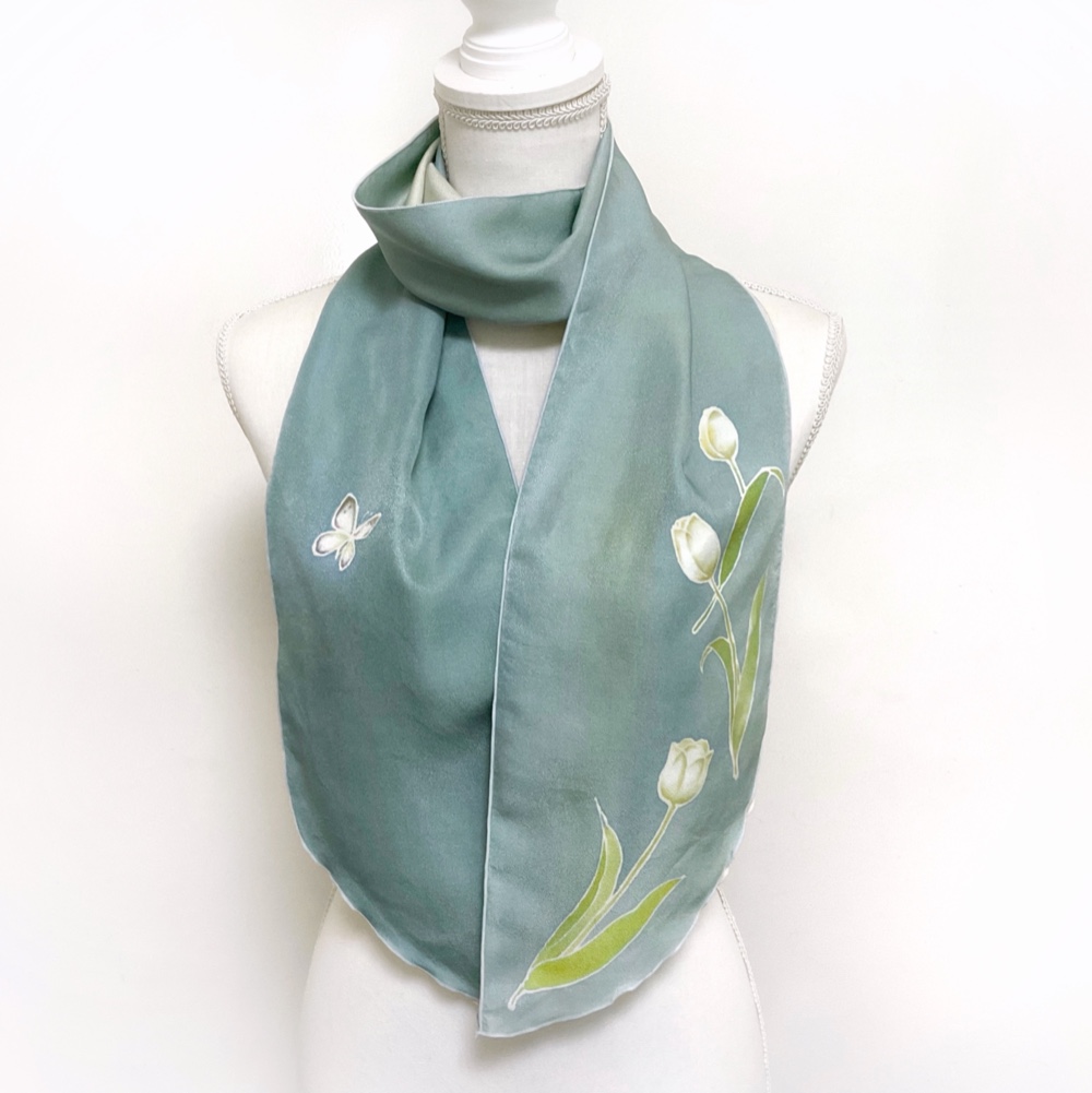 手染めリバーシブル風シルクストール ❇︎ 白いチューリップ