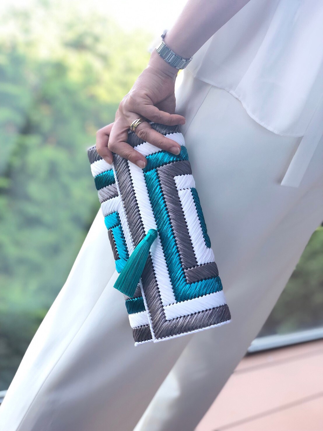 Creema特集掲載作品♪summerクラッチタッセルチェーンバックカゴバックターコイズ浴衣着物結婚式