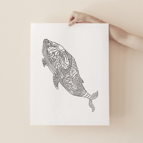 くじら whale モノクロ 自然 海 生き物 手書きデザイン ポスター