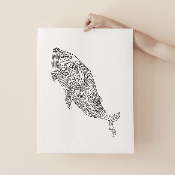 くじら　whale　モノクロ　自然　海　生き物　手書きデザイン　ポスター　kotobuki art0300 5枚目の画像