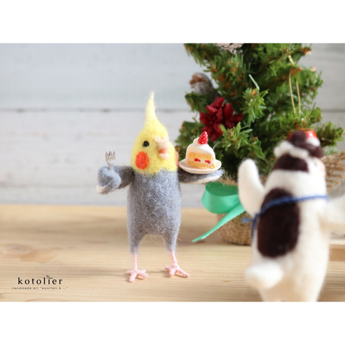 鳥さんとクリスマスツリーのセット 【羊毛フェルト鳥さん オカメインコ