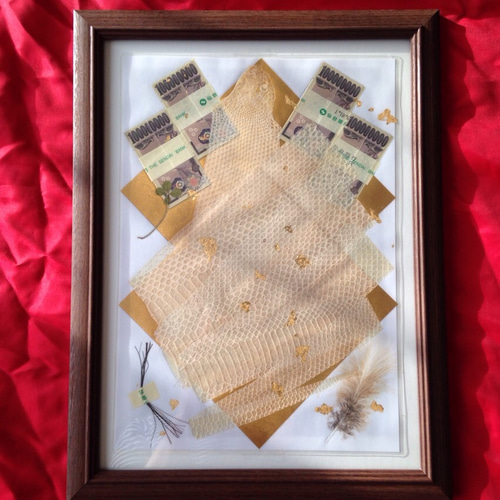 大きな白蛇の一本脱ぎ＆馬のたてがみ＆帯封＆フクロウの羽＆四つ葉の  