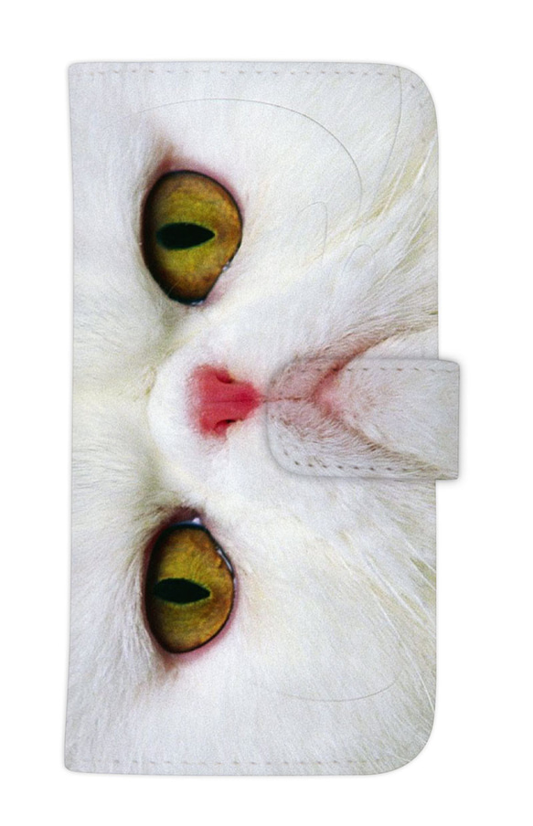 送料無料♪ 猫 CAT ニャンコ 白猫 レザー スマホケース 手帳型 手帳ケース ブックタイプ iphoneのみ対応 1枚目の画像
