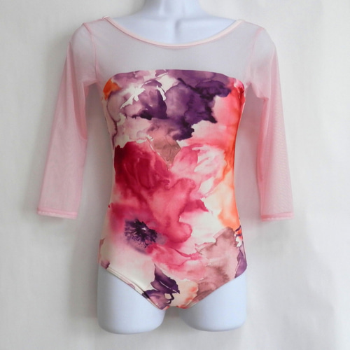 ピンク 蛇と花柄 3/4袖レオタード ピンク 蛇と花柄 3/4袖レオタード メッシュ袖付きレオタード/7分袖