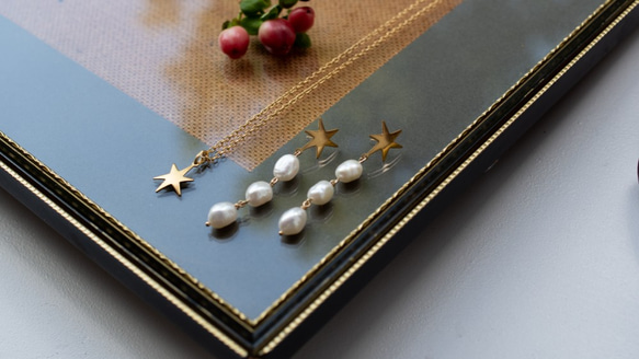 wish [聖誕禮盒] 淡水珍珠耳環和 k24 復古鍊式項鍊 *免運費* 第2張的照片