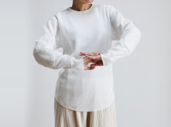 エルボーパッチ・ワッフル・ロングスリーブTシャツ（ホワイト） 1枚目の画像