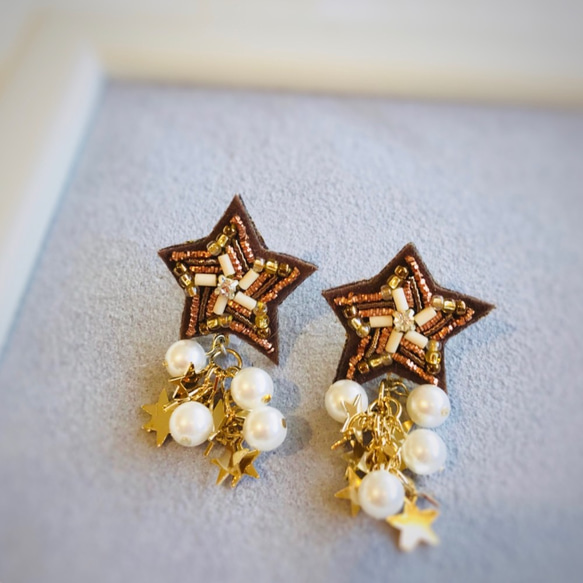 手刺繍 ピアス ''流れ星'' 　＃Brown 2枚目の画像